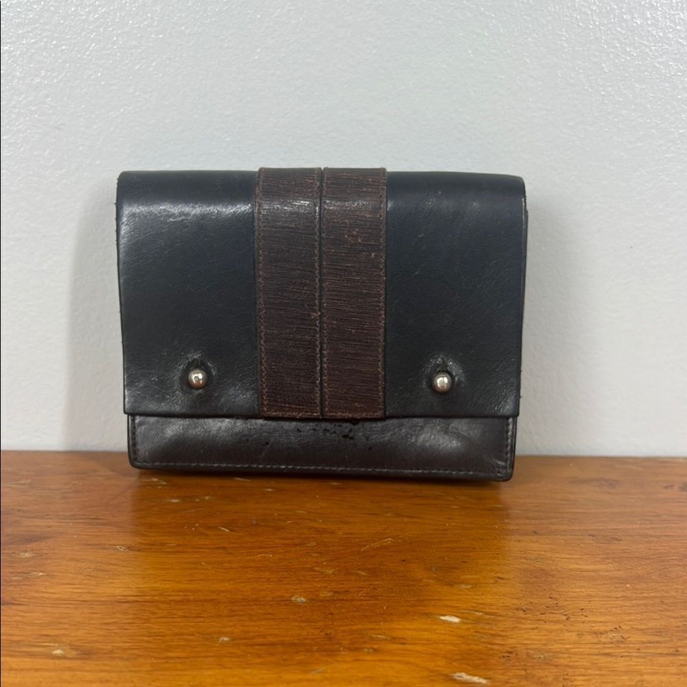 Compact Black and Brown Leather Belt Wallet with Metal Studs